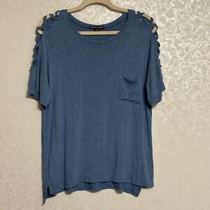 Moral Fiber Solid Blue Strappy Cut Out Cold Shoulder T-Shirt Pocket Stretch‎ 1X